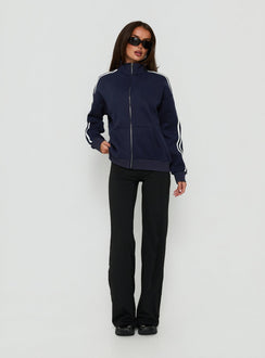 Featuring the Keeran Funnel Neck Fleece Jumper Navy / White womens jumpers in short length front view of model wearing Princess Polly