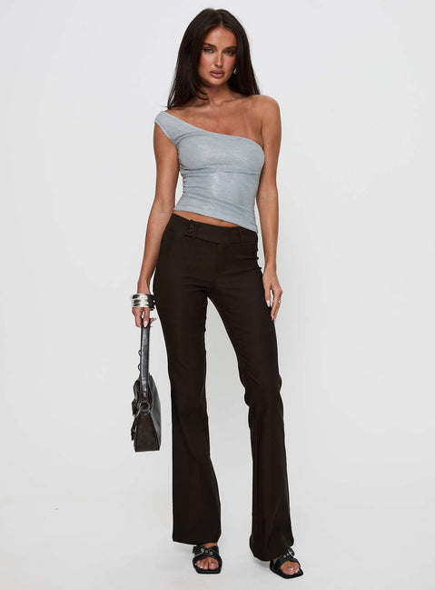 front view of model wearing Princess Polly Kinkirk Flared Pants Chocolate Petite Low Rise Pants Pants 