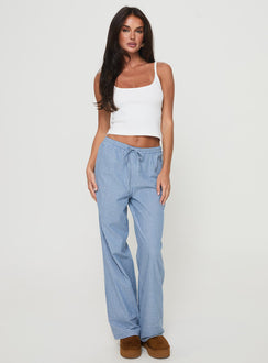 front view of model wearing Princess Polly Veridian Pants Blue Stripe Mid Rise Pants Pants 