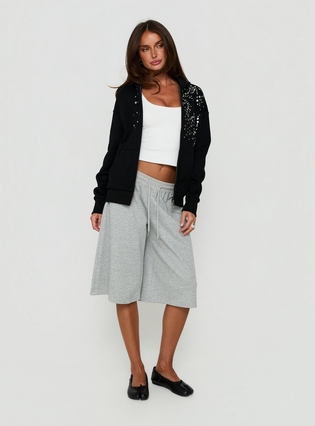 Crafted with the All Day Studded Oversized Hoodie Black womens-jumpers in short length front view of model wearing Princess Polly
