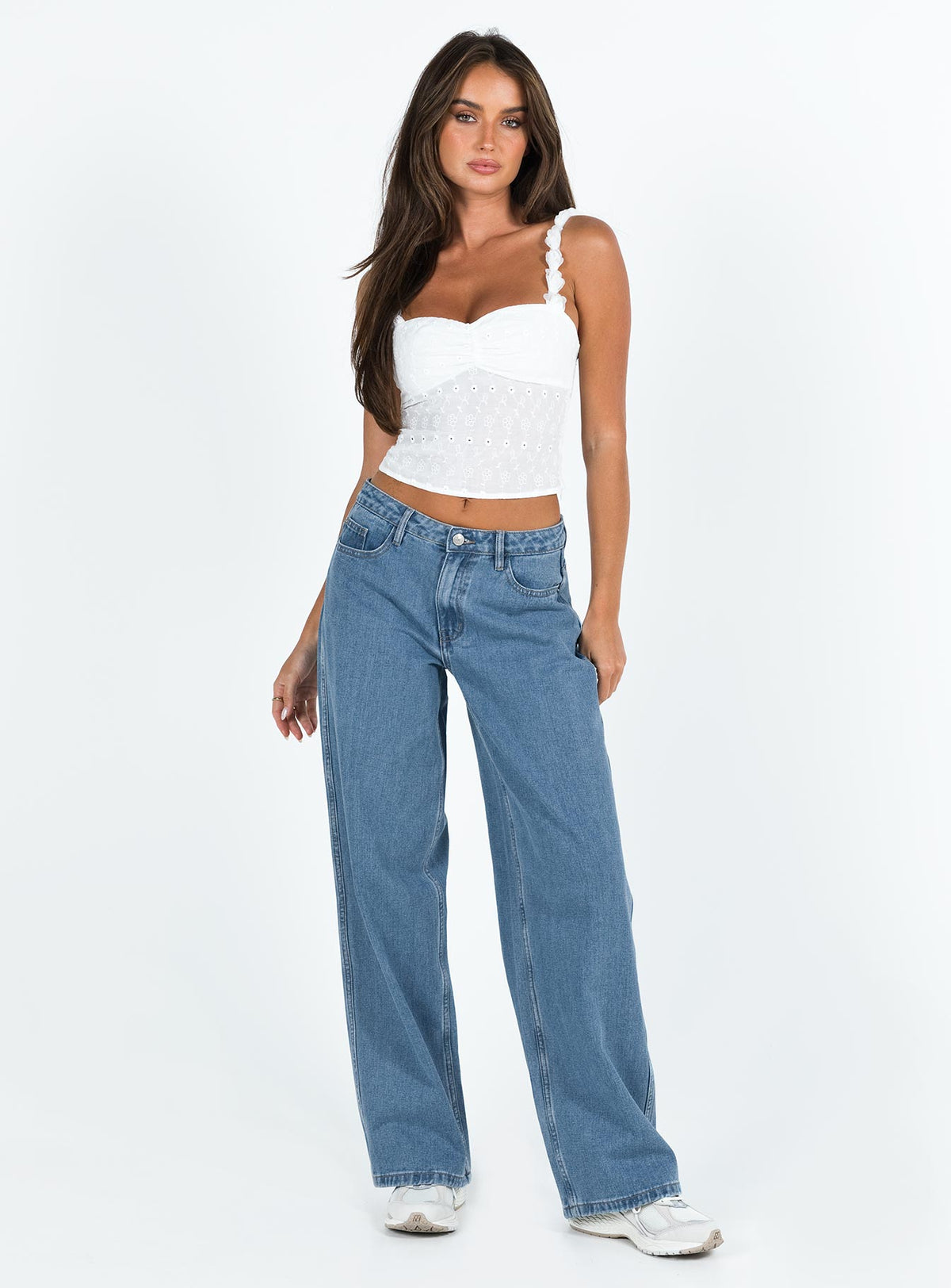 front view of model wearing Princess Polly Maryanne Mid Rise Relaxed Jeans Mid Wash Denim Tall Mid Rise Jeans Jeans 