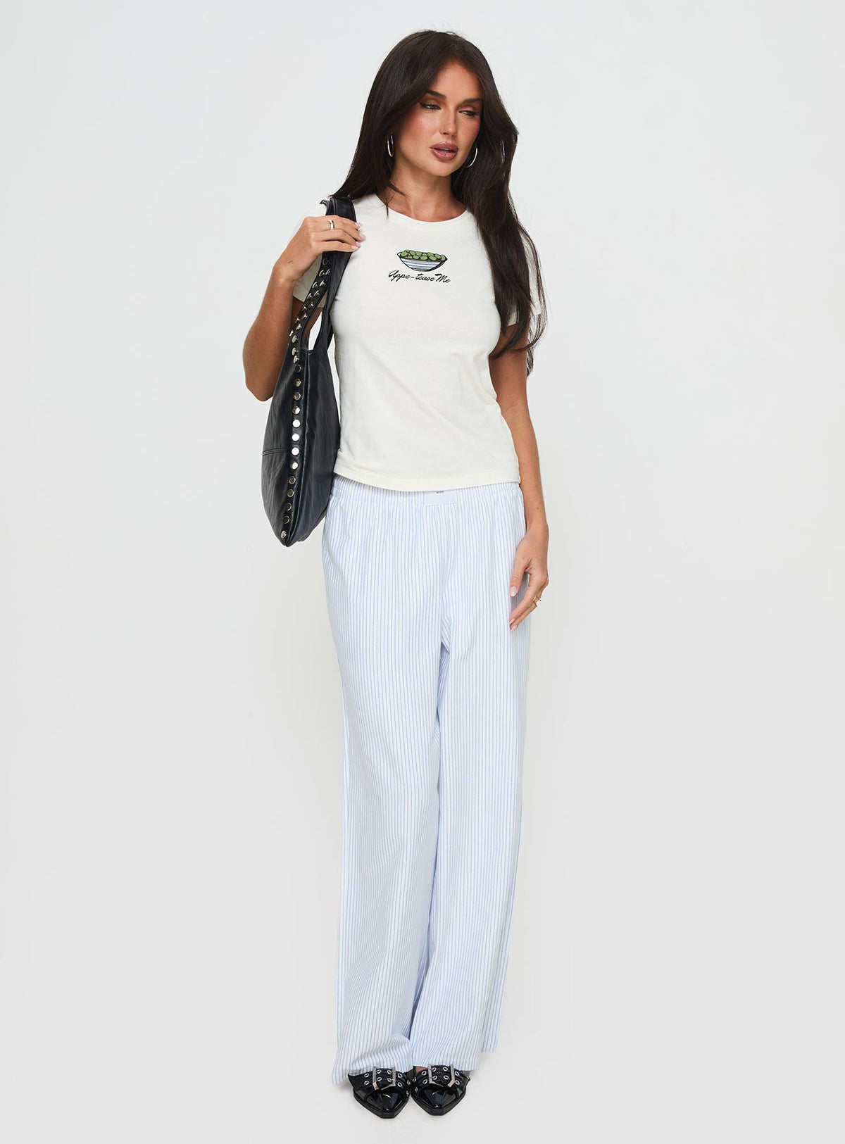 front view of model wearing Princess Polly Tease Me Top Cream Short Sleeves Crew Neck 