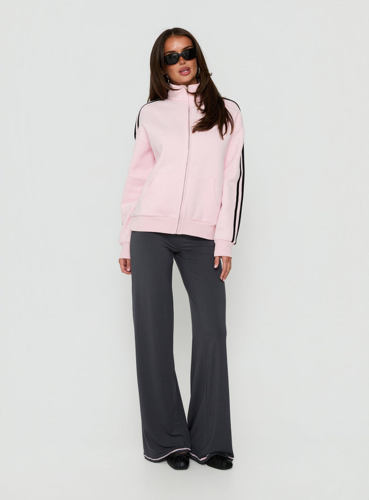 Featuring the Keeran Funnel Neck Fleece Jumper Pink / Black womens jumpers with long length and oversized high-neck design Princess Polly