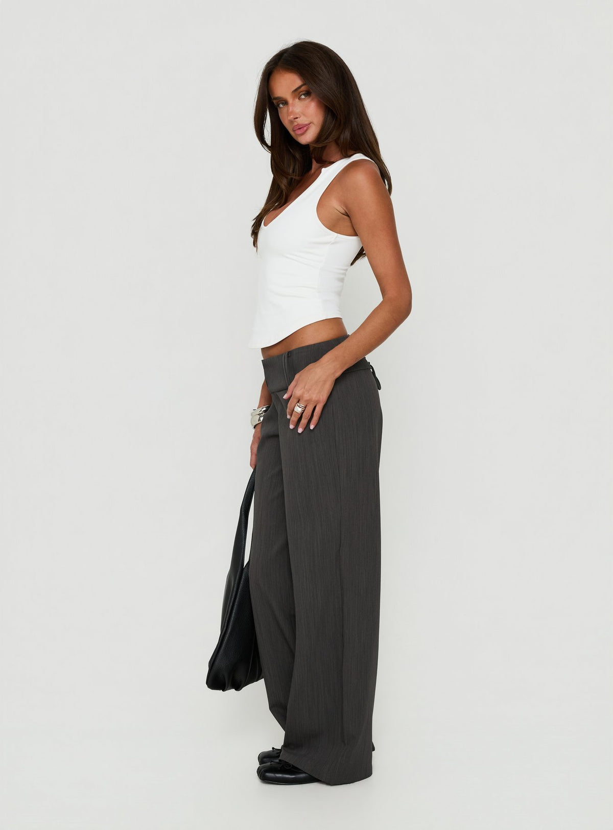 Klarika Lace Up Pants Charcoal womens-regular-pants with high-rise side view of model wearing Princess Polly