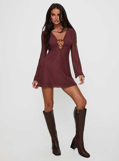 front view of model wearing Princess Polly Artique Long Sleeve Mini Dress Brown Plunger 
