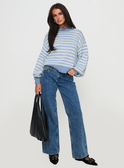 front view of model wearing Princess Polly Harmony Balloon Sleeve Knit Sweater Blue / White Stripe Cropped Jumpers Jumpers 