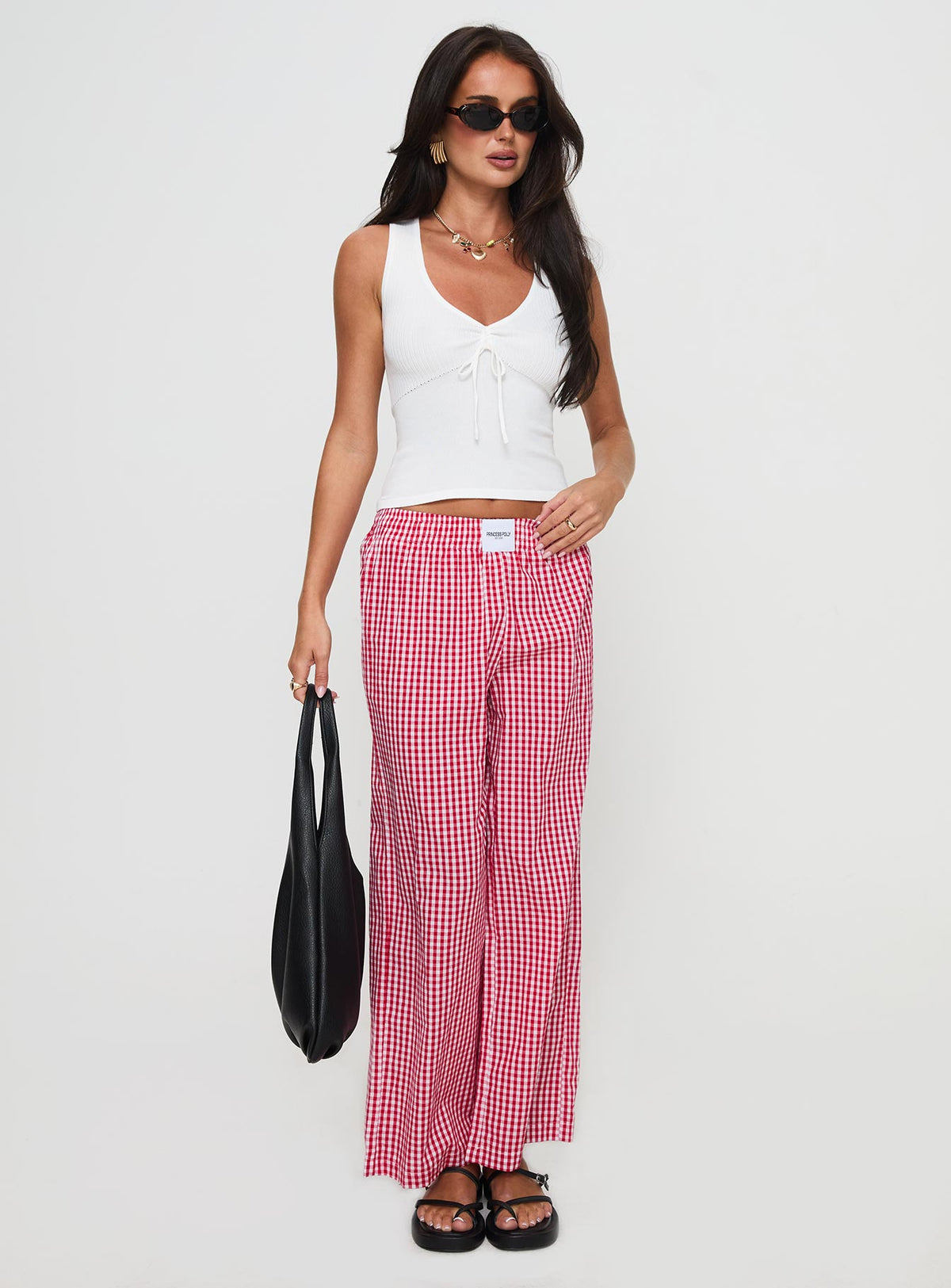front view of model wearing Princess Polly Beach House Pants Red Gingham High Rise Pants Pants 