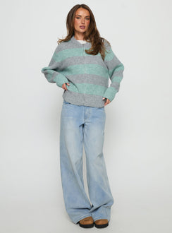 front view of model wearing Princess Polly Queena Zip Through Knit Sweater Grey / Blue Stripe Cropped Jumpers Jumpers 