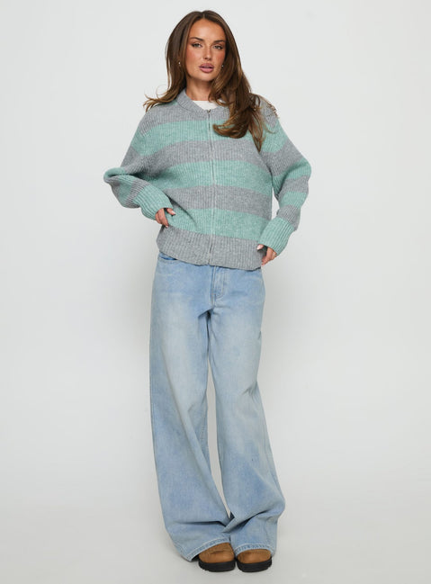 front view of model wearing Princess Polly Queena Zip Through Knit Sweater Grey / Blue Stripe Cropped Jumpers Jumpers 