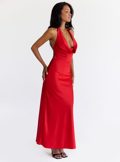 front view of model wearing Princess Polly Iridescent Plunge Maxi Dress Red Plunger 
