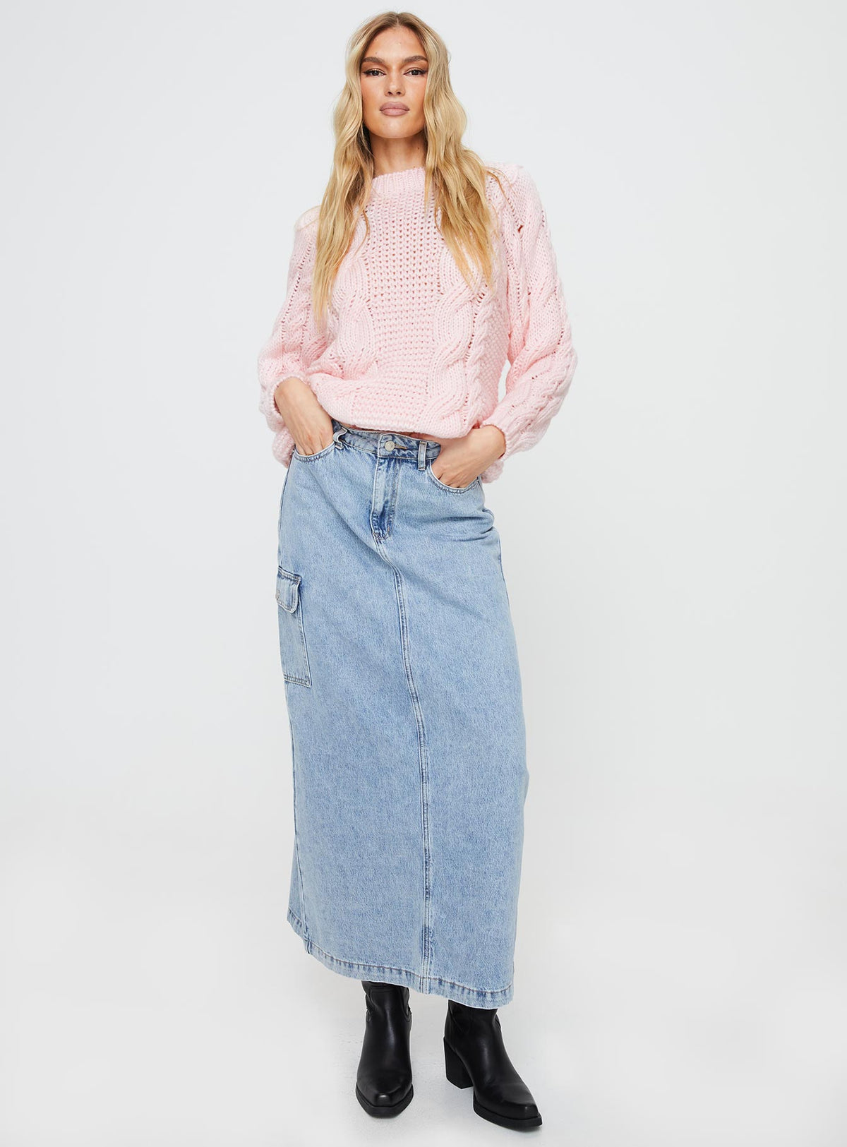 front view of model wearing Princess Polly Ellison Cable Knit Sweater Blush Pink Longline Jumpers Jumpers 