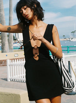 front view of model wearing Princess Polly Steward Halter Mini Dress Black Tall Plunger 