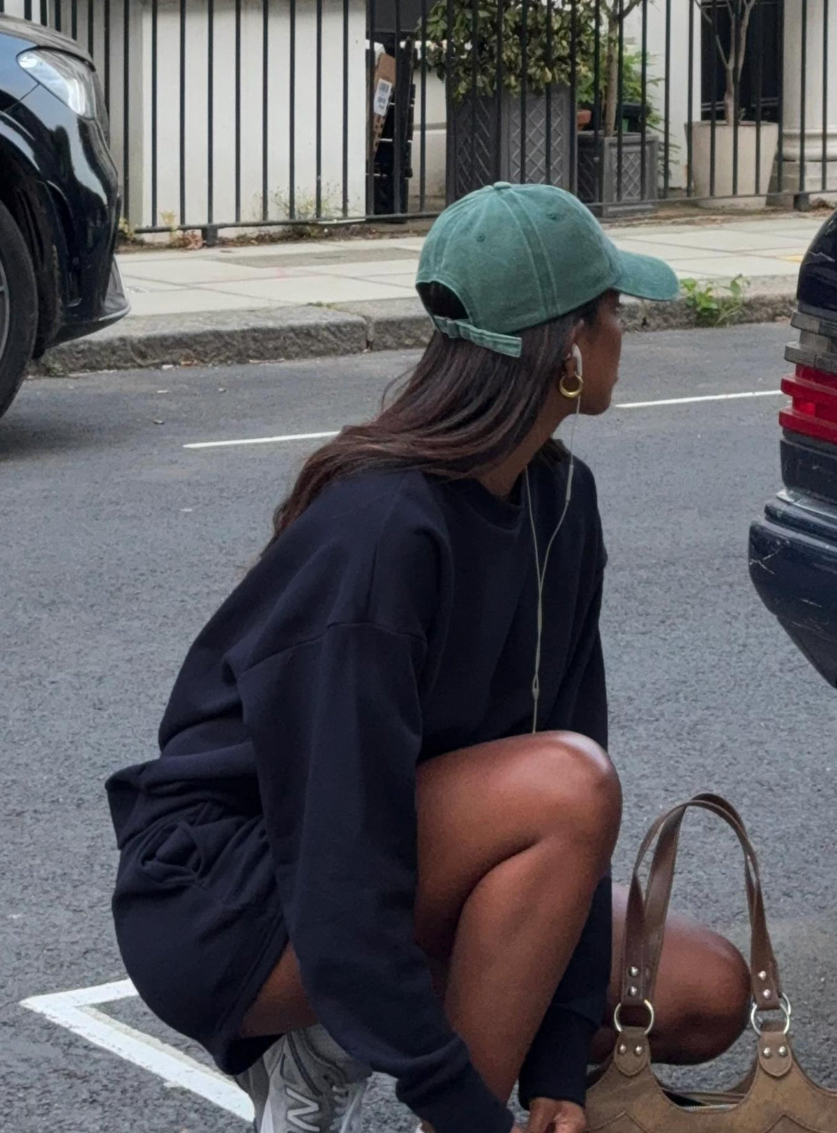 side view of model wearing Princess Polly All Day Crewneck Sweatshirt Navy 