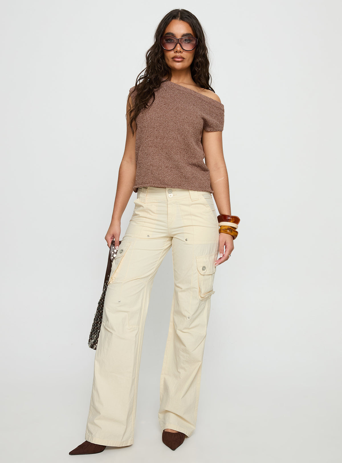 front view of model wearing Princess Polly Remmi Cargo Pants Cream Mid Rise Pants Pants 