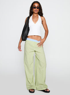 front view of model wearing Princess Polly Neevie Wide Leg Pants Green High Rise Pants Pants 