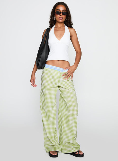 front view of model wearing Princess Polly Neevie Wide Leg Pants Green High Rise Pants Pants 