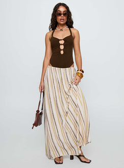 front view of model wearing Princess Polly Silverwing Cut Out Bodysuit Chocolate Sleeveless Bodysuit 