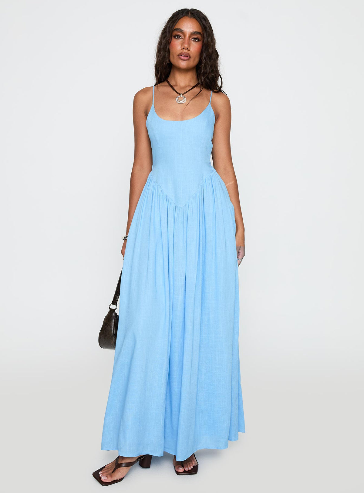 front view of model wearing Princess Polly Palisades Tie Up Maxi Dress Blue Scoop Neck 