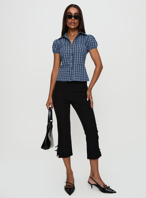 front view of model wearing Princess Polly Separate Scenes Button Up Top Blue Check Short Sleeves V-Neck 