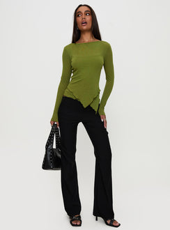 side view of model wearing Princess Polly I Know You Backless Long Sleeve Top Green Full Sleeves Boat Neck 
