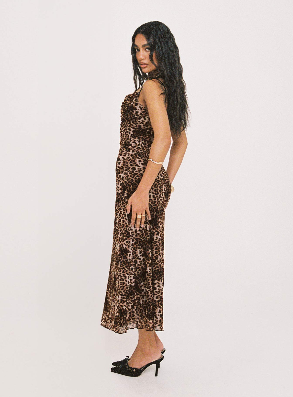 back view of model wearing Princess Polly Sugar Maxi Dress Leopard Cowl Neck 