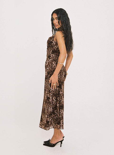 back view of model wearing Princess Polly Sugar Maxi Dress Leopard Cowl Neck 