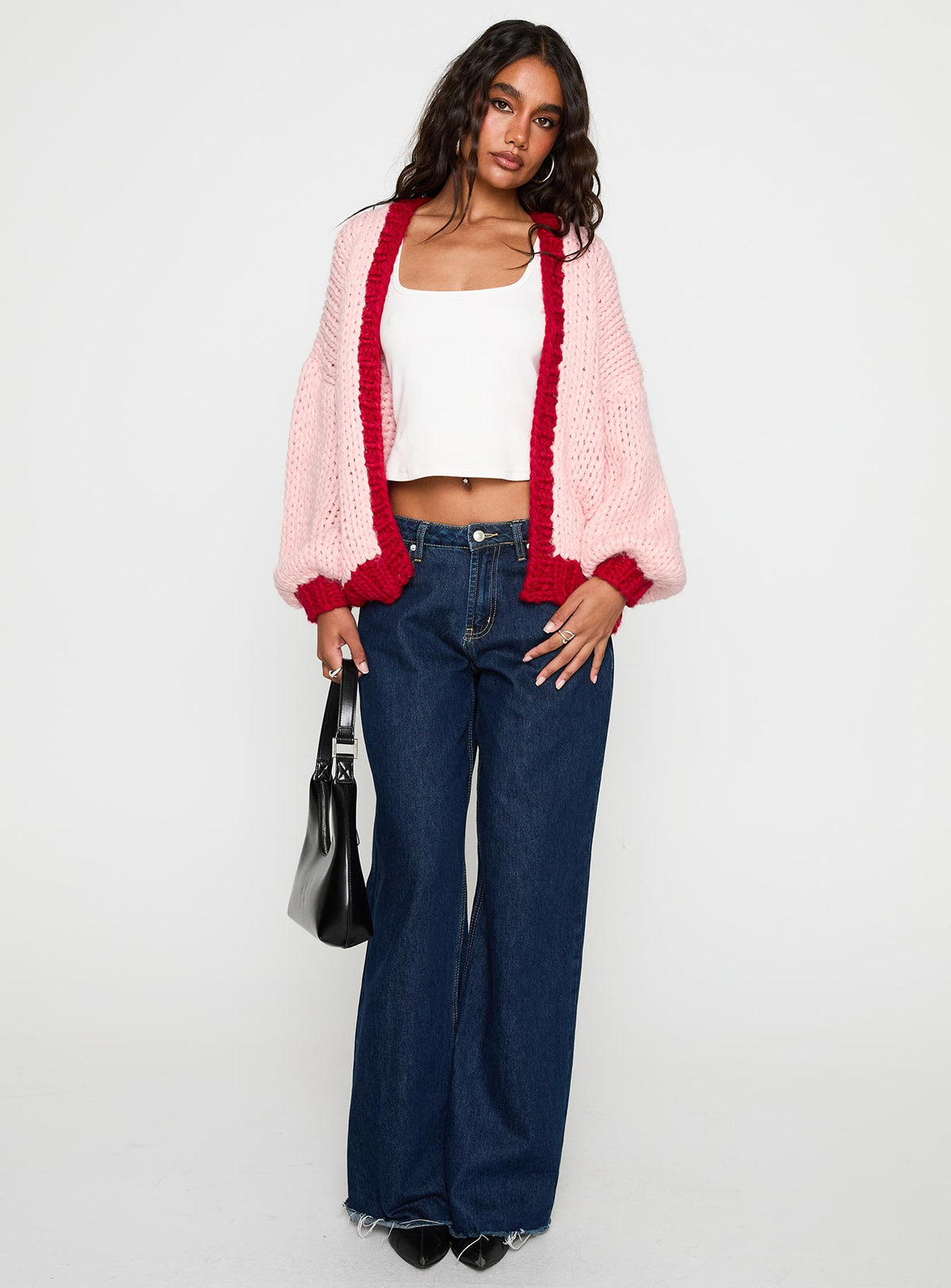 back view of model wearing Princess Polly Lester Knit Cardigan Pink / Red Longline Jumpers Jumpers 