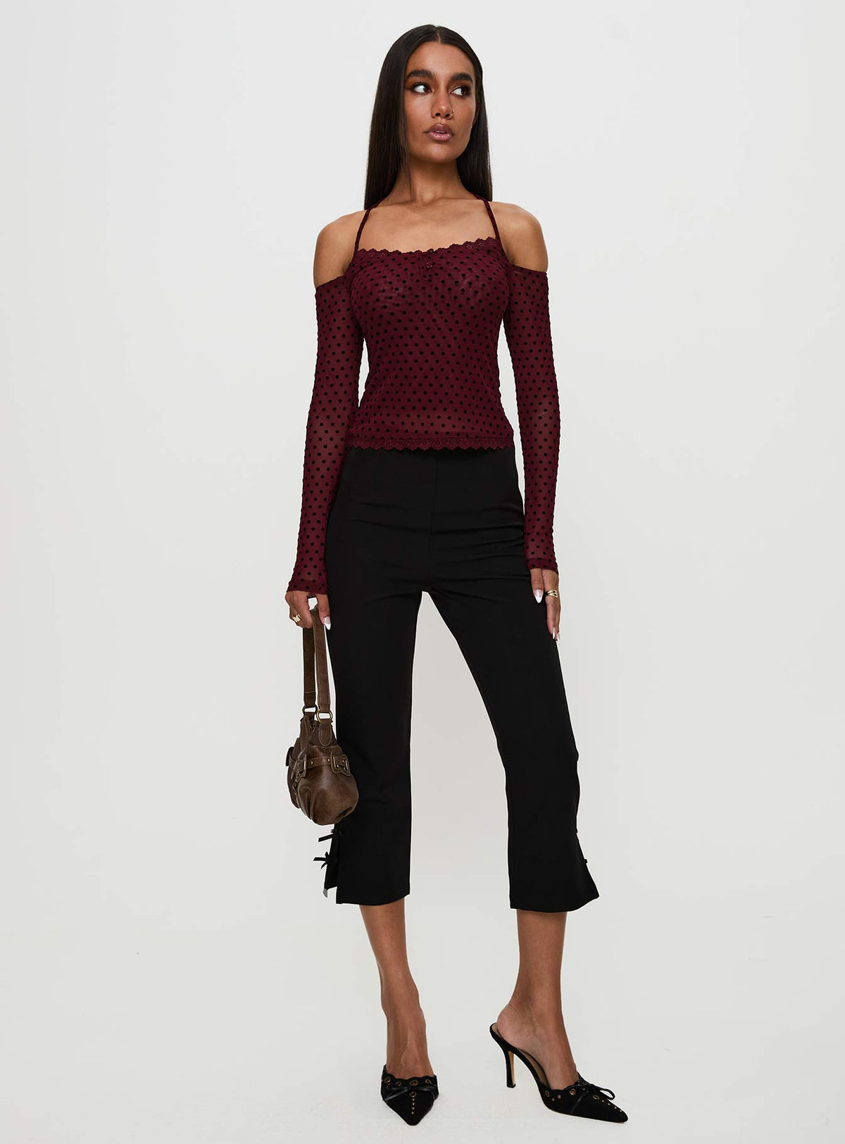 front view of model wearing Princess Polly On My Side Off Shoulder Tie Neck Top Burgundy Full Sleeves straight 