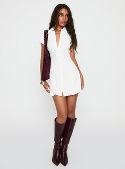 front view of model wearing Princess Polly Covey Mini Dress White V-Neck 