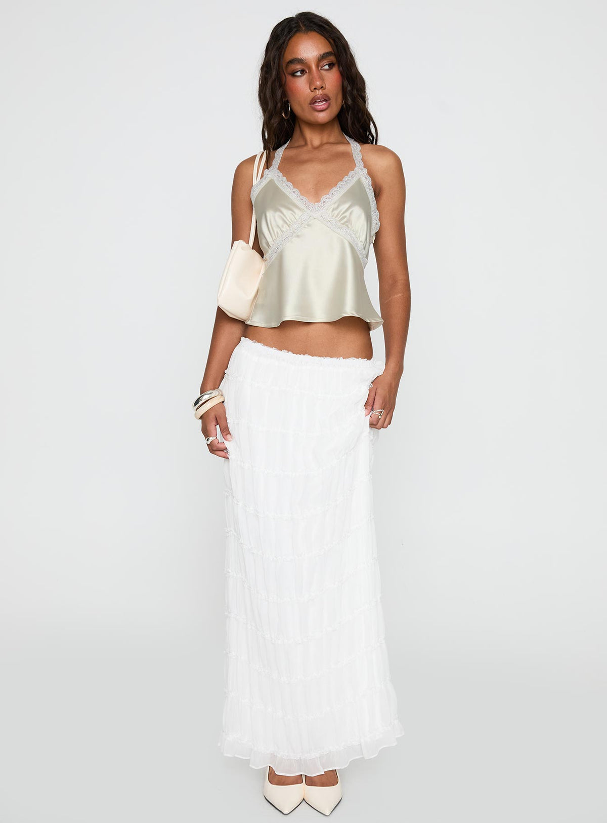 back view of model wearing Princess Polly Estefania Maxi Skirt White Maxi Skirts Skirts 