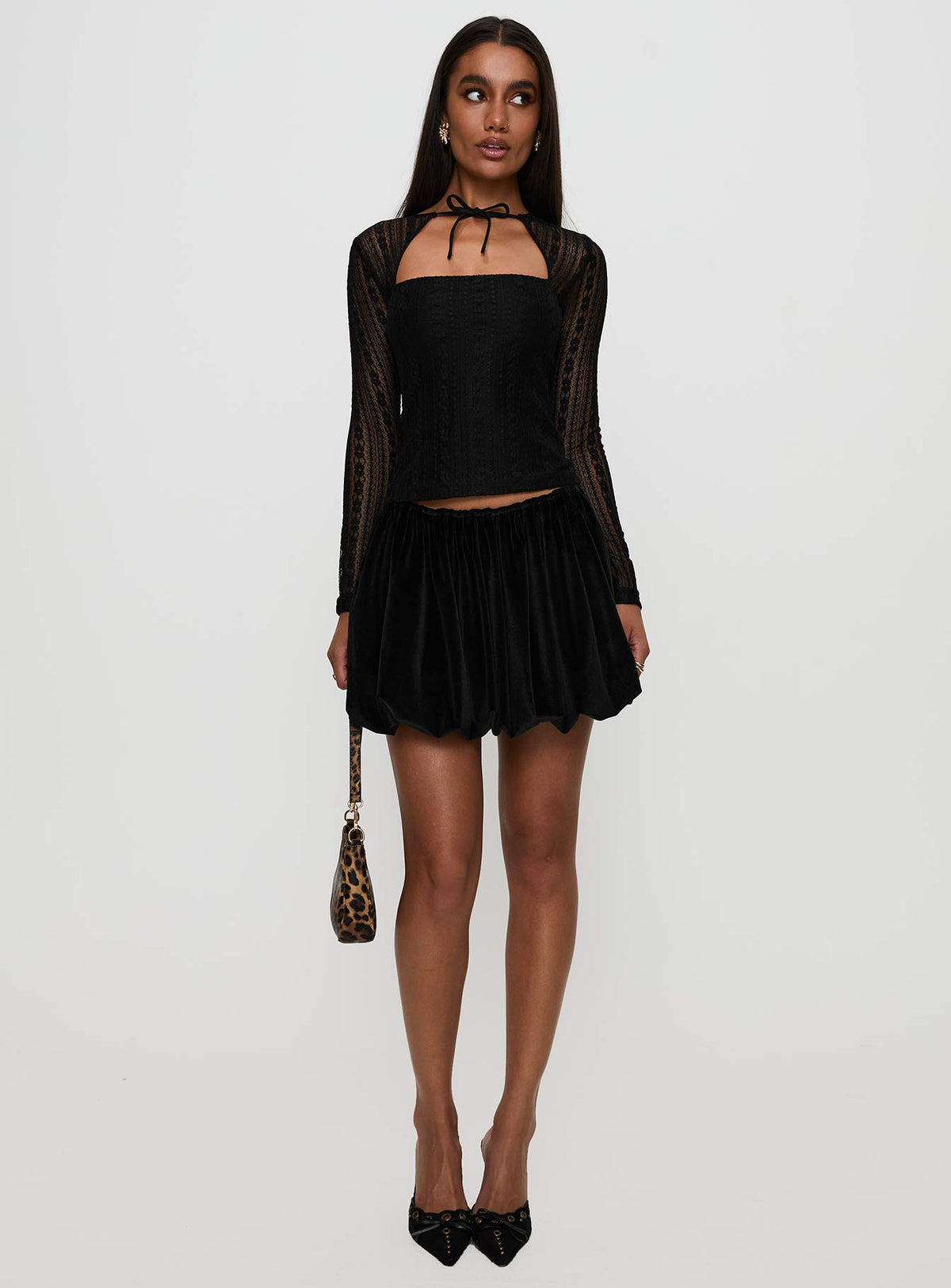   front view of model wearing Princess Polly Georgiana Bubble Hem Mini Skirt Black Mini Skirts Skirts 