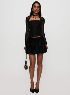  front view of model wearing Princess Polly Georgiana Bubble Hem Mini Skirt Black Mini Skirts Skirts 