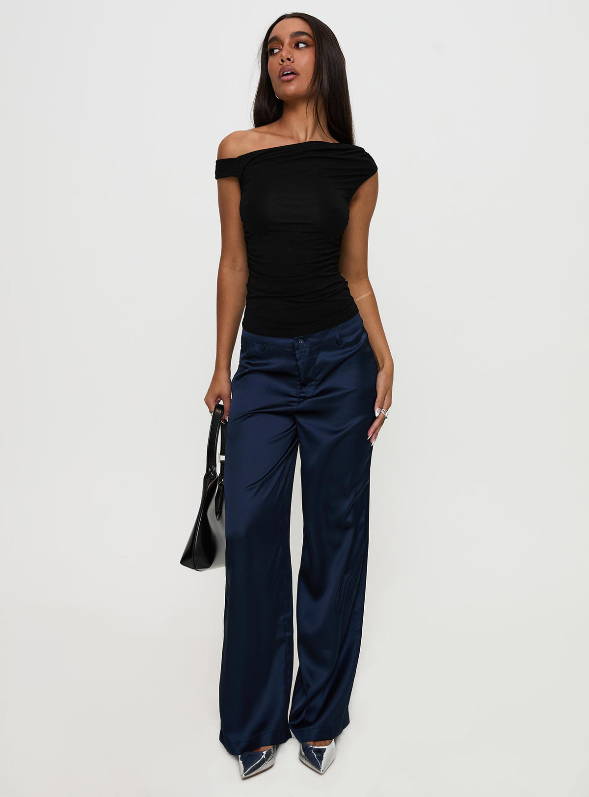 front view of model wearing Princess Polly Alaina Pants Navy High Rise Pants Pants 