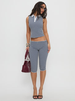 front view of model wearing Princess Polly Tuka Capri Navy Gingham Mid Rise Pants Pants 