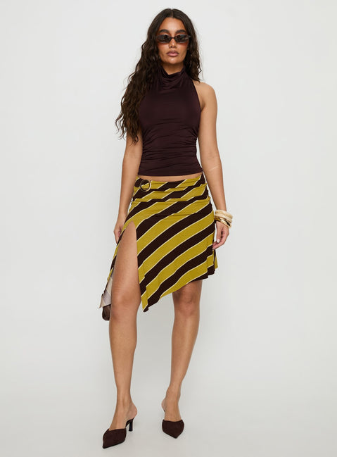   front view of model wearing Princess Polly Sherry Midi Skirt Stripe Retro Yellow Midi Skirts Skirts 