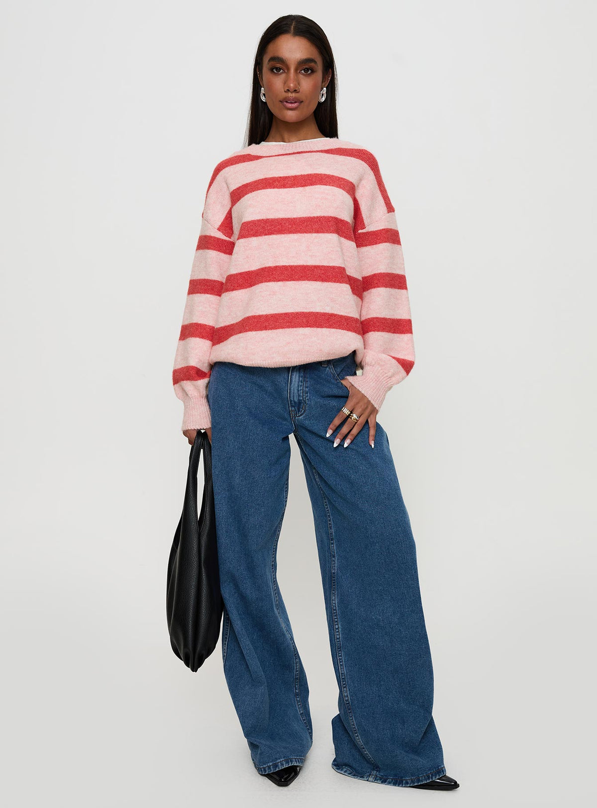 front view of model wearing Princess Polly Ryanna Sweater Pink / Red Stripe Jumpers 