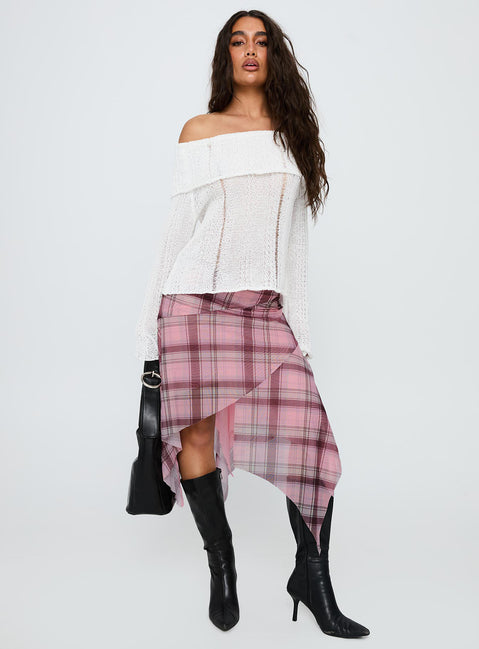   front view of model wearing Princess Polly Anali Asymmetrical Midi Skirt Pink / Multi Check Midi Skirts Skirts 