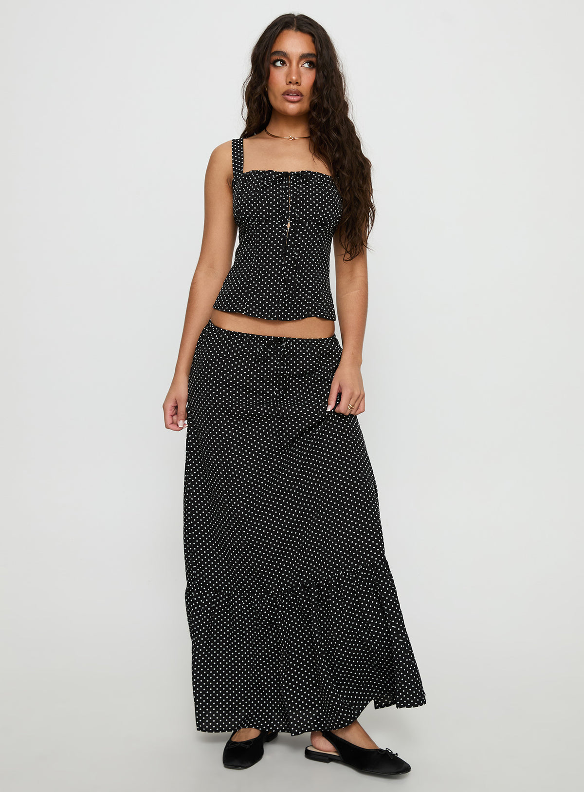   front view of model wearing Princess Polly Modern Girl Maxi Skirt Black / Polka Dot Skirts 