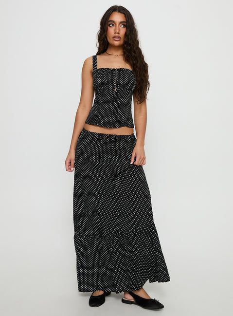   front view of model wearing Princess Polly Modern Girl Maxi Skirt Black / Polka Dot Skirts 