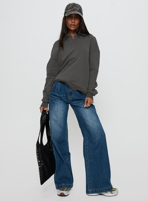 back view of model wearing Princess Polly Back Around Collared Fleece Jumper Slate Jumpers 