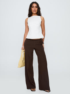 Showcasing Khane Low Rise Wide Leg Pant Brown Pinstripe Petite in womens regular pants front view of model wearing