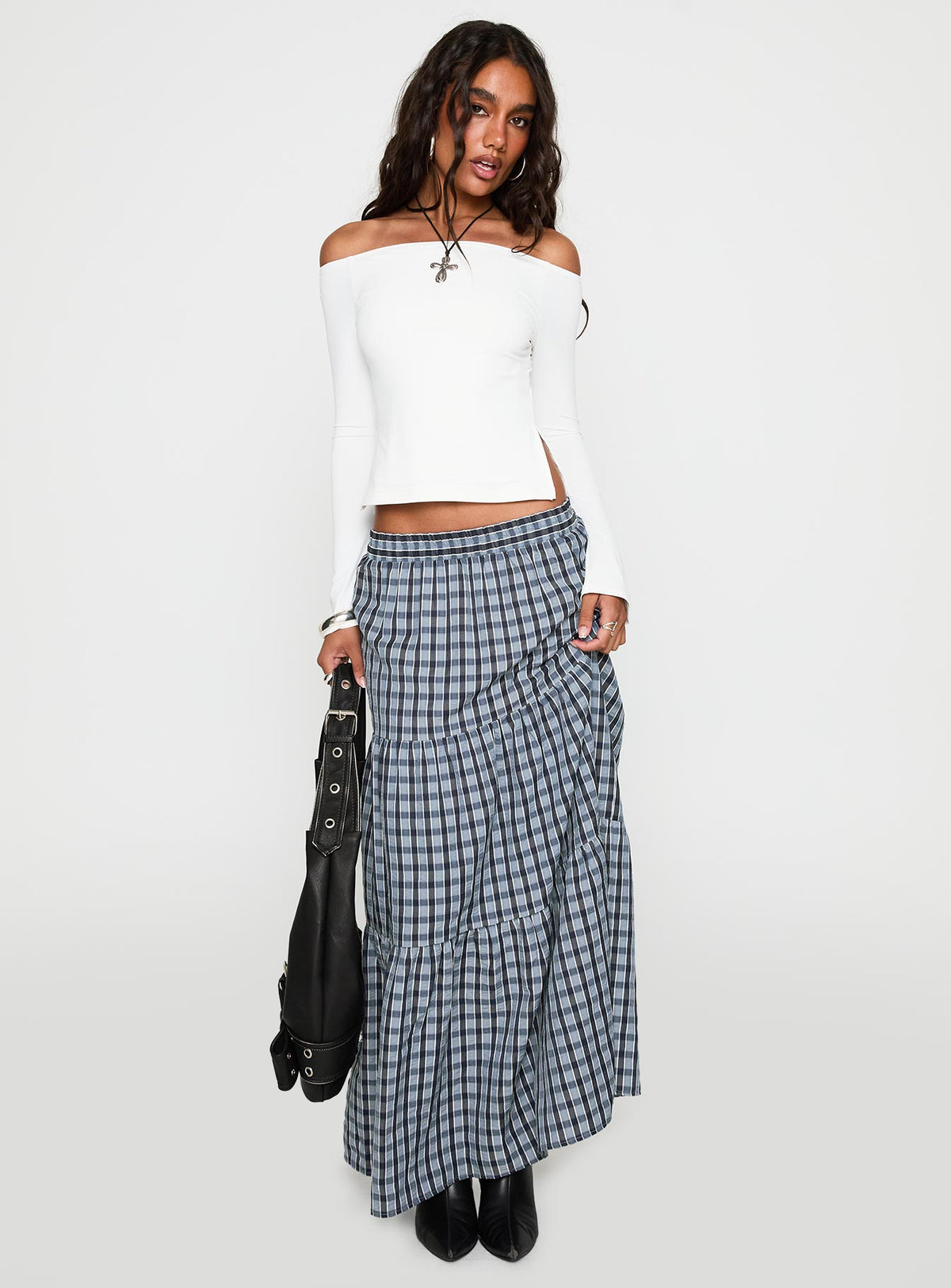   front view of model wearing Princess Polly Rockwell Tiered Midi Skirt Navy Check Maxi 