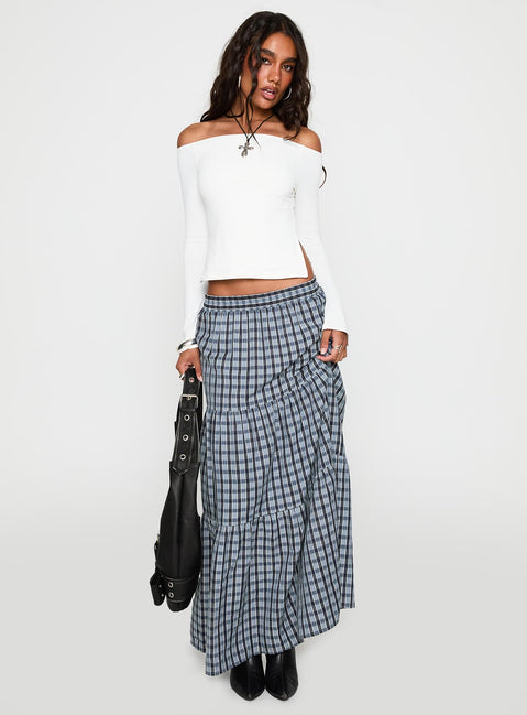   front view of model wearing Princess Polly Rockwell Tiered Midi Skirt Navy Check Maxi 