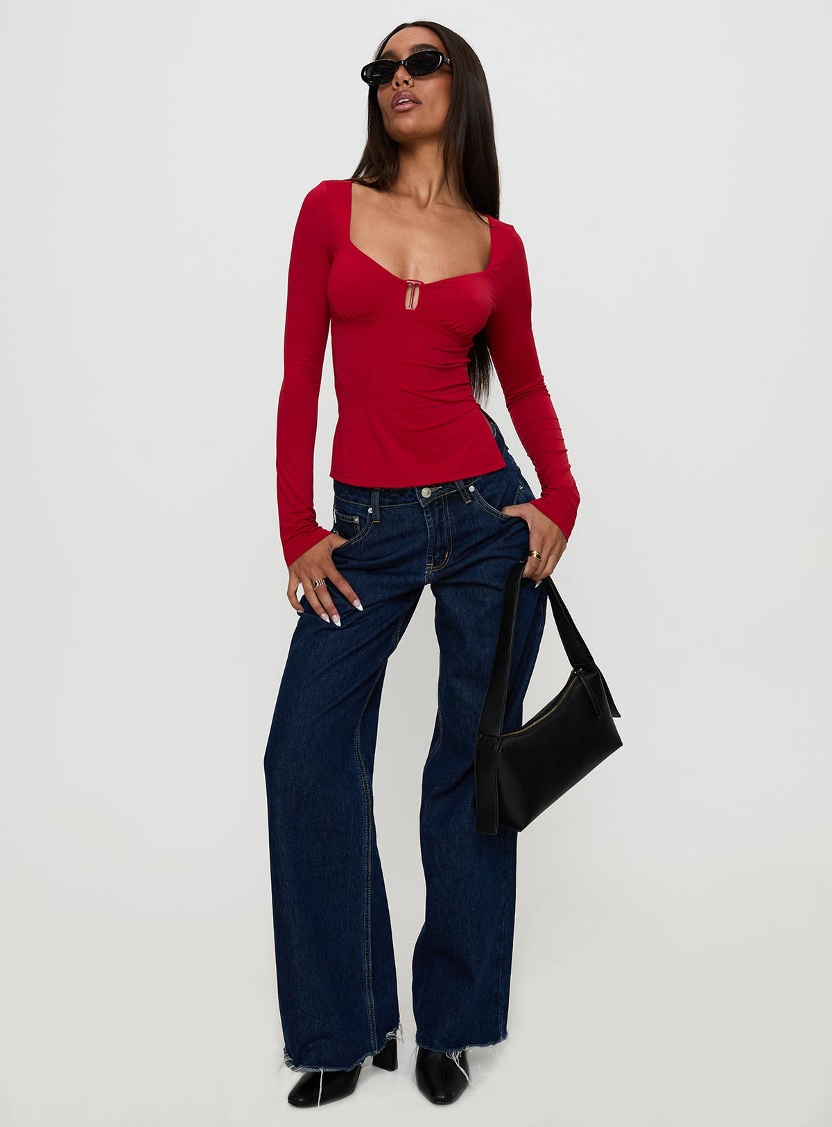 front view of model wearing Princess Polly Keane Long Sleeve Top Red Full Sleeves Sweetheart 