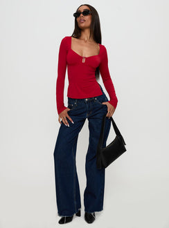 front view of model wearing Princess Polly Keane Long Sleeve Top Red Full Sleeves Sweetheart 