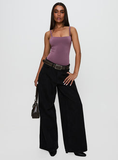 front view of model wearing Princess Polly Off Stage Bodysuit Purple Sleeveless Bodysuit 