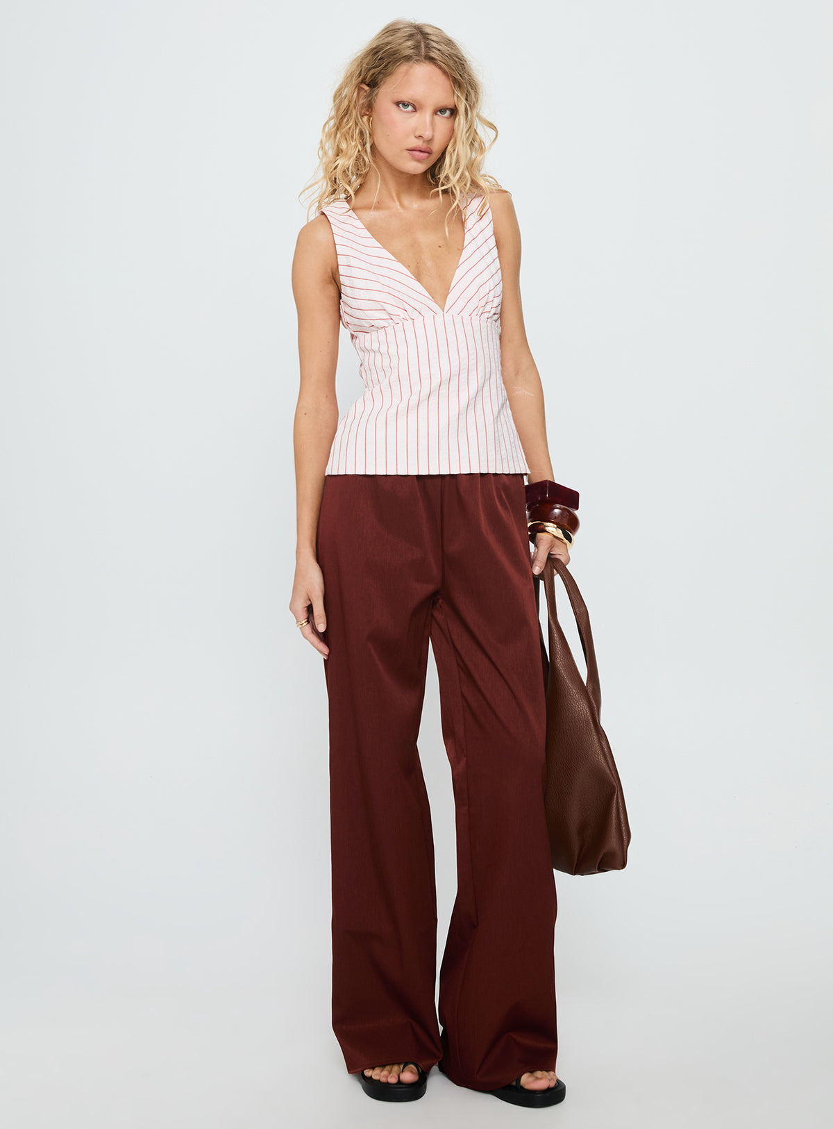 front view of model wearing Princess Polly Dorie Straight Leg Pants Chocolate High Rise Pants Pants 