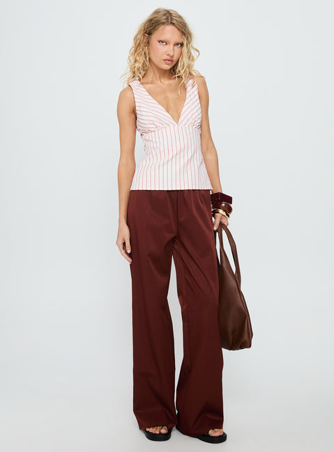 front view of model wearing Princess Polly Dorie Straight Leg Pants Chocolate High Rise Pants Pants 