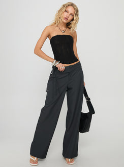 side view of model wearing Princess Polly Good Riddance Pleat Tie Slouch Pants Charcoal Low Rise Pants Pants 