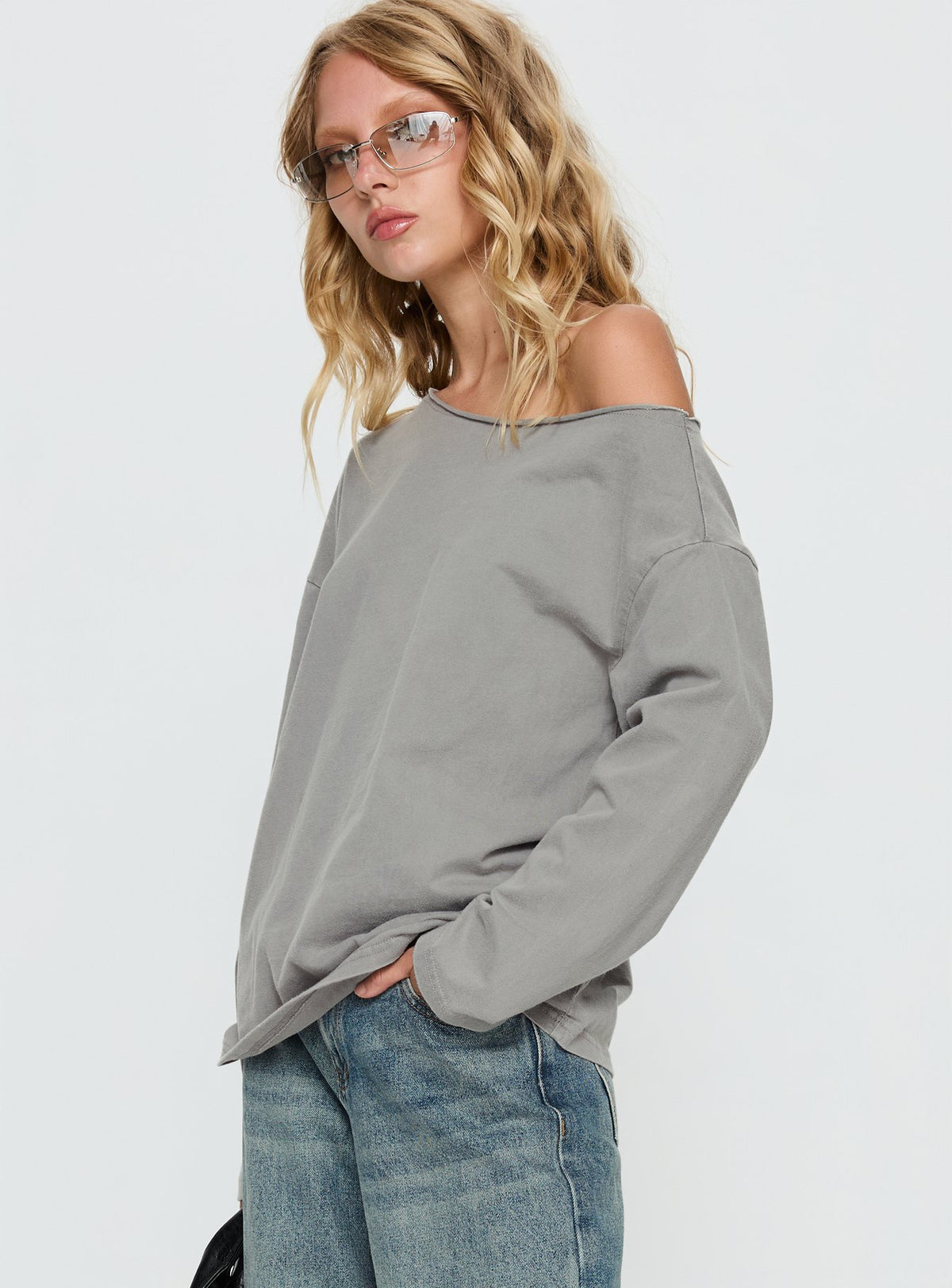 Karlyn Off Shoulder Long Sleeve Top Grey